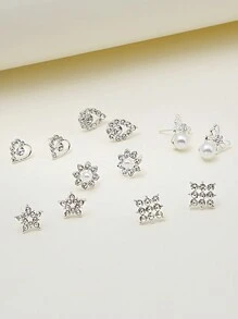 12pcs/Set Minimalist Style Rhinestone Butterfly, Heart, Flower & Water Drop Faux Pearl Earring Set Valentines - Silver - View 2