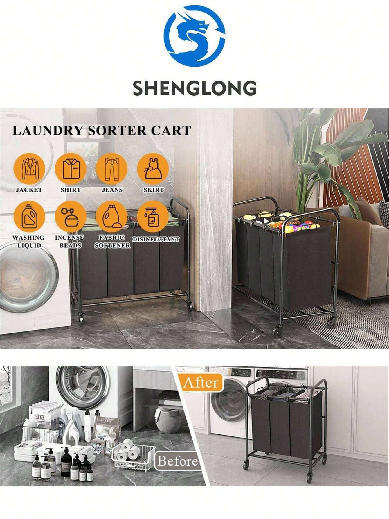 3 Bag Laundry Basket Sorter Laundry Hamper Cart With Heavy Duty Rolling