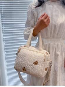 2024 新款 INS 韩版手提妈妈包，大容量刺绣熊孕妇背包，肩带斜挎包女士收纳收纳袋 - 米色 - 查看 4