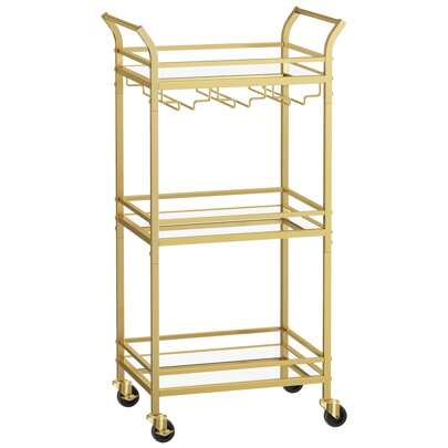 VASAGLE 3-Tier Drinks Trolley, Gold Bar Cart On Wheels, With Handles, Mirrored Glass Shelves, Serving Trolley For Small Spaces, Kitchen, Dining Room, Bathroom, Living Room, Home Bar, Gold