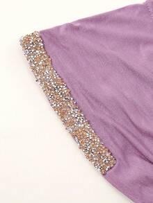 1 件女士时尚纯色水钻装饰穆斯林系带头巾，百搭头带帽，适合日常佩戴 - 淺紫色 - 查看 3