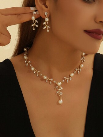 3pcs Crystalized Leaf Necklace And Earrings Luxury Jewelry Set For Women, Formal Occasion