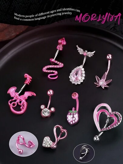 Set de 3 anillos para el ombligo con decoración de corazón de dragón, araña, mariposa con cristalitos, acero inoxidable, yin yang, ba gua, mariposa, hojas de arce color rosa, estrellas, lazos, fresa, perla rosa, para mujer y niña, para uso diario, fiesta, Navidad, Halloween