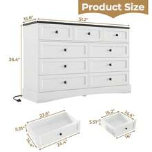 9 Drawers Dresser, Farmhouse Chest Of Drawers With Charging Station, Large Wood Storage Tower Organizer Dresser For Bedroom, Living Room - Black and White - View 2