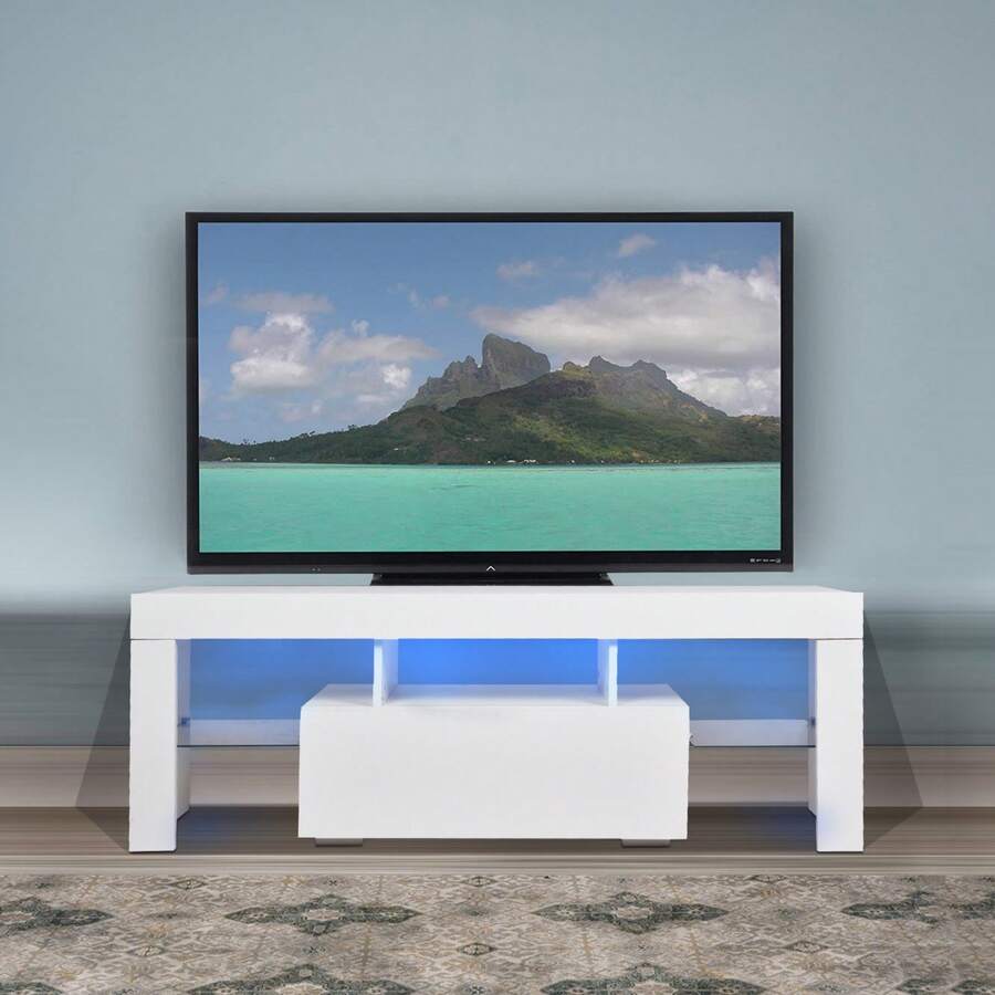 MoolSun Suitable For LED TV Stands Up To 55 Inches, Modern Entertainment Centers With Down Doors, Glass Frames And High Gloss UV Front, Living Room TV Console Tables, Bedrooms - trắng - Xem 1