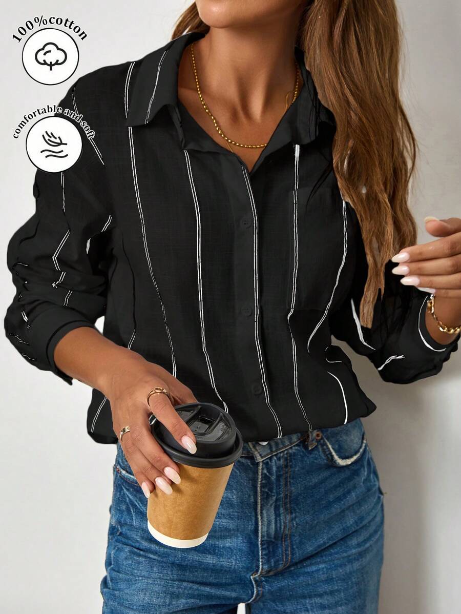 QIANZHIDU Women's Loose Vertical Striped Long Sleeve Casual Office Business Matching Windbreaker, Elegant And Mature, Autumn Shirt, Women's Elegant Shirt, Spring Women's Outfit, Women's Party Shirt, Women's Casual Shirt, Women's Shirt - Black - View 1