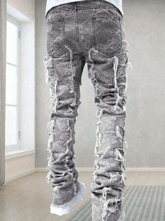 青少年男孩口袋拼布磨边休闲牛仔裤