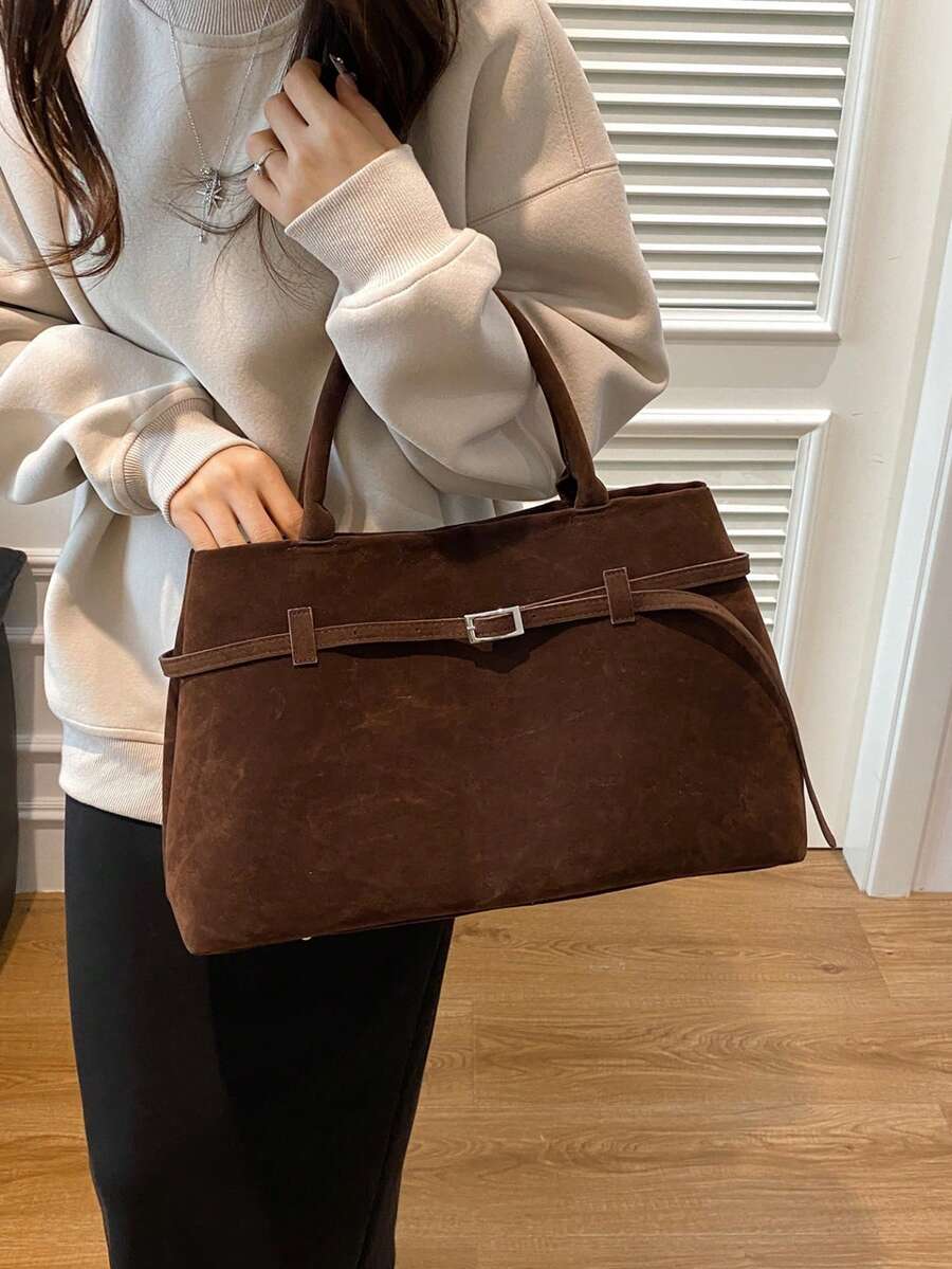 1 chiếc túi tote da PU cổ điển màu cà phê dung tích lớn, túi xách thời trang đơn giản phong cách retro thích hợp cho các quý cô mua sắm sử dụng hàng ngày, túi xách nữ thời trang thu đông - Cà phê nâu - Xem 1