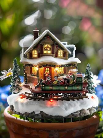 圣诞火车村花园桩、亚克力捕光器花盆装饰、圣诞老人与彩灯的节日室内场景、家居与花园圣诞装饰、节日礼物之选（1 套）