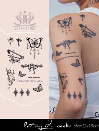 1 件草本汁半永久纹身贴纸，蝴蝶、流苏、花卉、棕榈树图案，节日礼物，7-14 天防水，无反射，适用于手指、耳朵、肩膀、颈部、锁骨、临时身体纹身