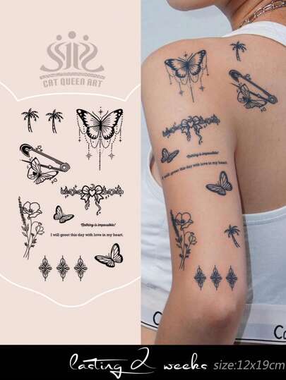 1 件草本汁半永久纹身贴纸，蝴蝶、流苏、花卉、棕榈树图案，节日礼物，7-14 天防水，无反射，适用于手指、耳朵、肩膀、颈部、锁骨、临时身体纹身
