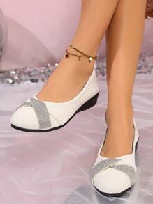 Women's Rhinestone Decor Thick Sole Flat Dress Shoes Elegant Round Toe Platform Wedge Pumps Fashionable Wedge Heeled Sandals - Apricot - View 3
