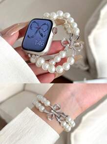 1 件女式白色金属时尚珍珠水钻蝴蝶结松紧带，适用于 38/40/41/44/45/49/42/46 毫米系列 11/SE3/Ultra3/Ultra/SE/SE2/10/9/8/7/6/5/4/3/2/1 - 白珍珠-蝴蝶結 - 查看 2