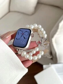 1 件女式白色金属时尚珍珠水钻蝴蝶结松紧带，适用于 38/40/41/44/45/49/42/46 毫米系列 11/SE3/Ultra3/Ultra/SE/SE2/10/9/8/7/6/5/4/3/2/1 - 白珍珠-蝴蝶結 - 查看 8