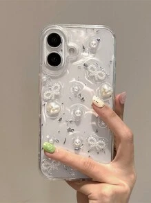 奢华 3D 珍珠蝴蝶结银箔手机壳适用于 17 Pro Max Air 16 15 14 13 12 11 Pro Max MiNi XR X XS Max 7 8 Plus 闪光环氧可爱透明软硅胶保护套