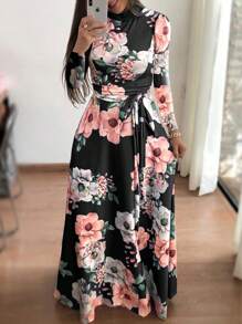 High Neck Floral Print Dress With Belt Elegant Dress For Women Fashion,Floral Print Dress With Wide Sleeves - 黑色 - 查看 6