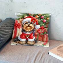 1 pieza Funda de almohada de peluche corto súper suave con estampado de cachorro en estilo navideño, adecuada para cualquier habitación, sofá, dormitorio, sala de estar, decoración del hogar, funda para respaldo