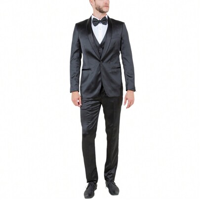 Mens Three Piece Sharkkskin Skinny Fit Satin Shawl Collar Tuxedo With Matching Vest  Satin Pants