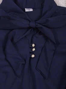 Women's Short Sleeve Puffed Blouse With Bow No. 8 - Navy Blue - View 2