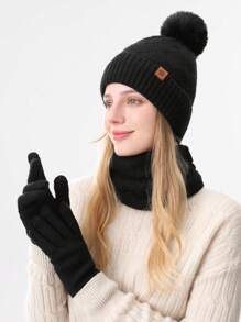 1-3件套女士冬季针织帽、围巾和触屏手套套装，双层加厚保暖内衬，菱形图案带绒球，雪花纹理，保暖御寒，适合滑雪、旅行、驾车、约会等场合，可作为礼物送给她，日常穿着，冬季配饰，冬季服装，情人节礼物