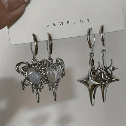 4 件/套女士时尚心形和星形吊坠式耳环，Y2K 主题珠宝礼品配饰，适合日常佩戴