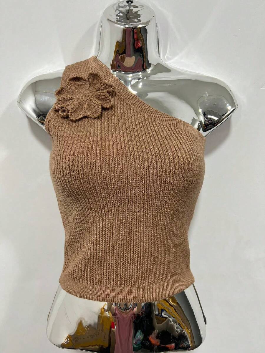 Women's Single Strap Blouse With Modal Flower Detail - 棕色 - 查看 1