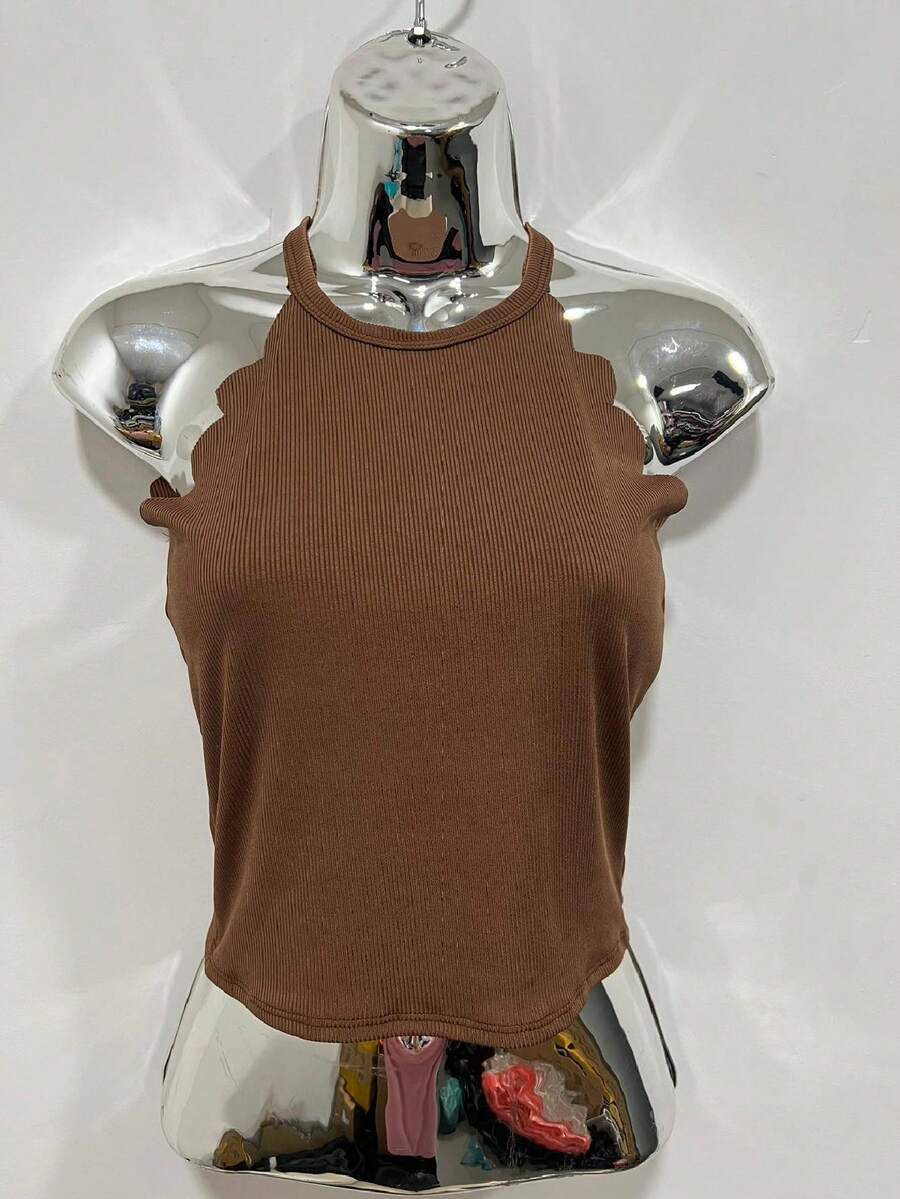 Knitted Solid Color Shell Edge Halter Top - 棕色 - 查看 1