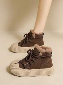 2025年冬季新款女士高帮鞋，毛绒内衬厚底休闲运动鞋，百搭，时尚风格，棕色和黑色皮革短靴，雪地靴 - 棕色 - 查看 6