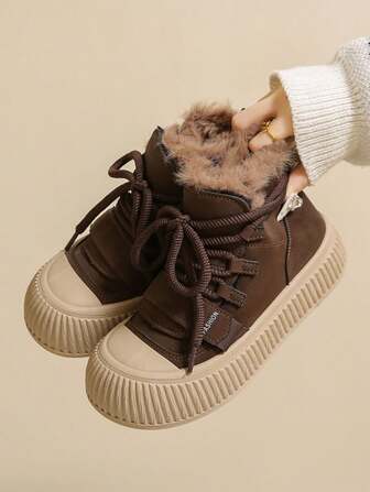 2025 Winter New High-Top Shoes For Women, Plush Lining Thick Soles Casual Sneakers, Versatile, Ins Style, Brown & Black Leather Short Boots, Snow Boots