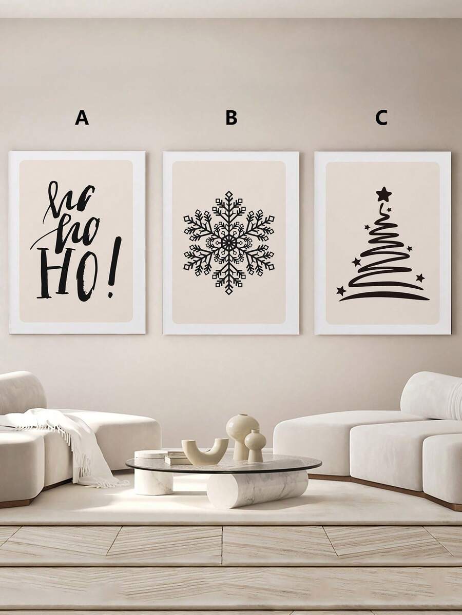 1/3 件带框帆布墙艺术海报“Ho Ho Ho”文字、雪花和圣诞树设计，现代简约圣诞装饰，打造时尚节日造型，可直接悬挂 - 彩色 - 查看 1