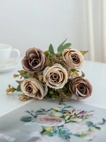 1/3件裝人造玫瑰花束，刺繡花球，混色牡丹花，新娘花束，婚禮裝飾，DIY花環材料，生日派對裝飾材料，居家餐廳、客廳、花瓶、戶外花園、秋季裝飾、情人節、新年禮物、畢業禮物 - 咖啡棕 - 查看 3