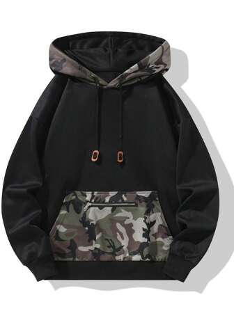 男式撞色连帽运动衫，带仿拉链口袋，保暖内衬，冬季