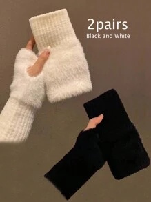 2 pares de guantes sin dedos de mujer de unicolor y cálidos, de punto, adecuados para otoño/invierno, diseño cómodo para oficina, estudio y escritura