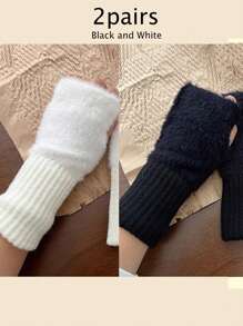 2 pares de guantes sin dedos de mujer de unicolor y cálidos, de punto, adecuados para otoño/invierno, diseño cómodo para oficina, estudio y escritura