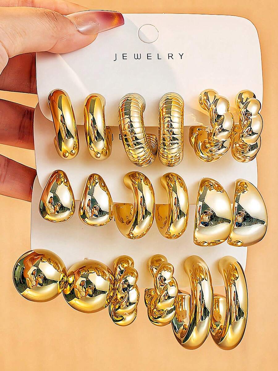 Bộ 6/18 chiếc/Bộ Hoa tai vòng tròn hình giọt nước và xoắn chữ C màu vàng kim loại thanh lịch - Nhiều màu - Xem 1