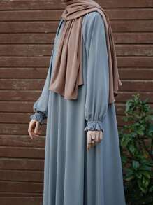 1 Solid Color Four-Way Stretch Ruffled Multi-Layered Pleated Dress Casual Loose Round Neck Elastic Cuffs Dress Suitable For Daily Festivals, Modest