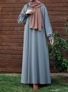 1 Solid Color Four-Way Stretch Ruffled Multi-Layered Pleated Dress Casual Loose Round Neck Elastic Cuffs Dress Suitable For Daily Festivals, Modest