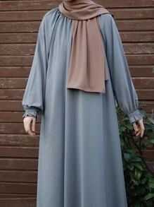 1 Solid Color Four-Way Stretch Ruffled Multi-Layered Pleated Dress Casual Loose Round Neck Elastic Cuffs Dress Suitable For Daily Festivals, Modest