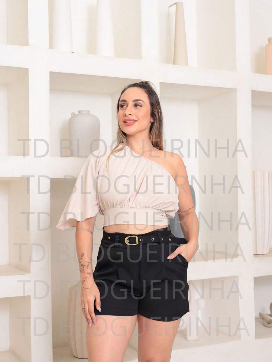 WOMEN'S FASHION CROPPED AND SHORTS SET - 米色 - 查看 1