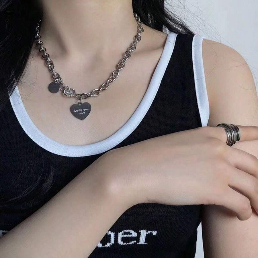 Dây chuyền xương quai xanh phong cách Punk, Dây chuyền dày, Vòng cổ chữ hình trái tim, Người nổi tiếng trên Internet, Thời trang đường phố, Nhảy nhót, Disco, Vòng cổ choker, Vòng cổ - Bạc - Xem 1