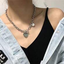 Dây chuyền xương quai xanh phong cách Punk, Dây chuyền dày, Vòng cổ chữ hình trái tim, Người nổi tiếng trên Internet, Thời trang đường phố, Nhảy nhót, Disco, Vòng cổ choker, Vòng cổ - Bạc - Xem 2