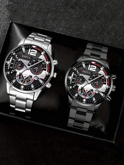 مجموعة ساعتين بتصميم عصري، إطار معدني ذو ثلاث عيون ومقياس مختلط، سوار من الفولاذ عالي الجودة، ساعة كوارتز مناسبة للمراهقين، مناسبة لعيد الميلاد وعيد العزاب وعيد الهالوين