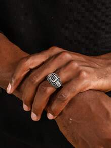 1pc Luxury Men's Cubic Zirconia Paved Ring With Stainless Link Chain Design, Street Style - Yellow Gold - View 9