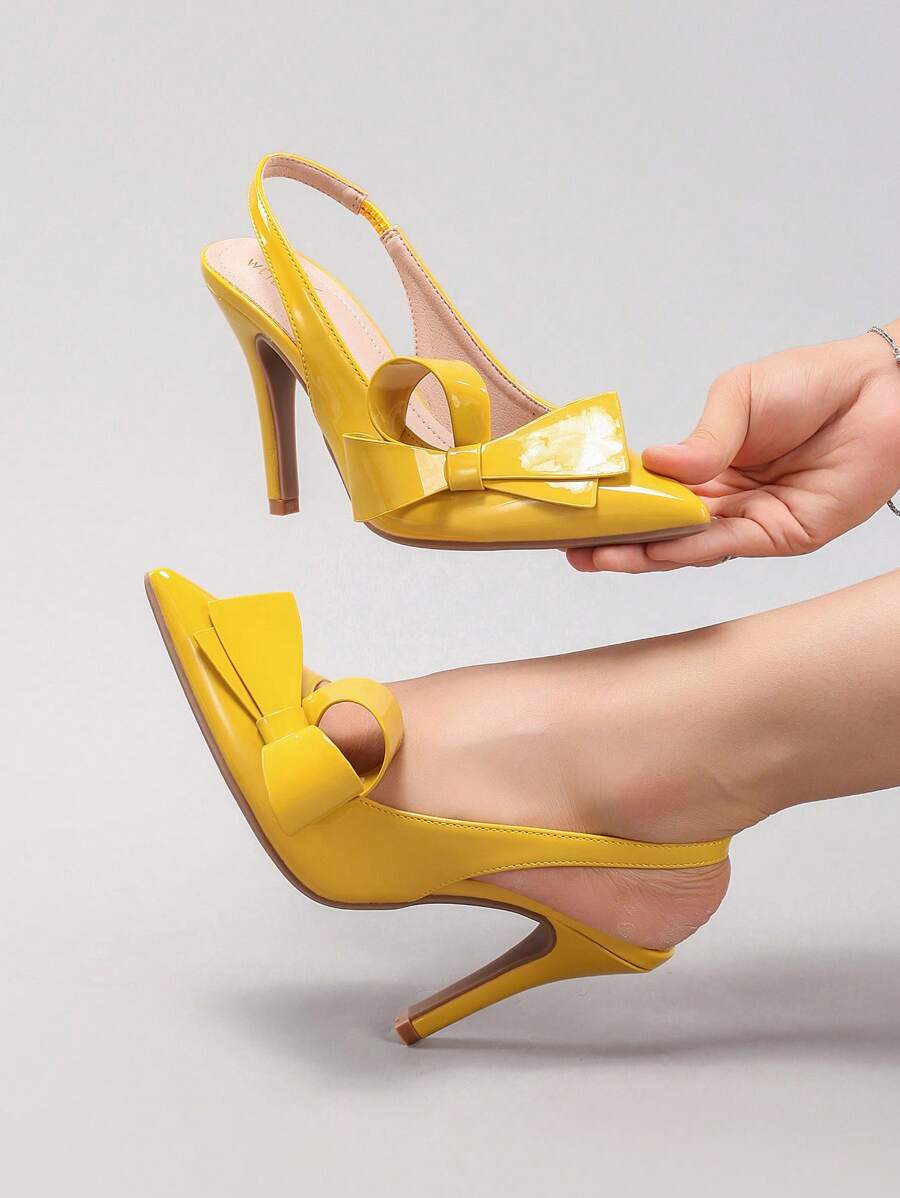 2025秋冬新款女士蝴蝶结装饰尖头高跟鞋，亮面PU皮革优雅性感派对凉鞋，优雅女士高跟鞋
