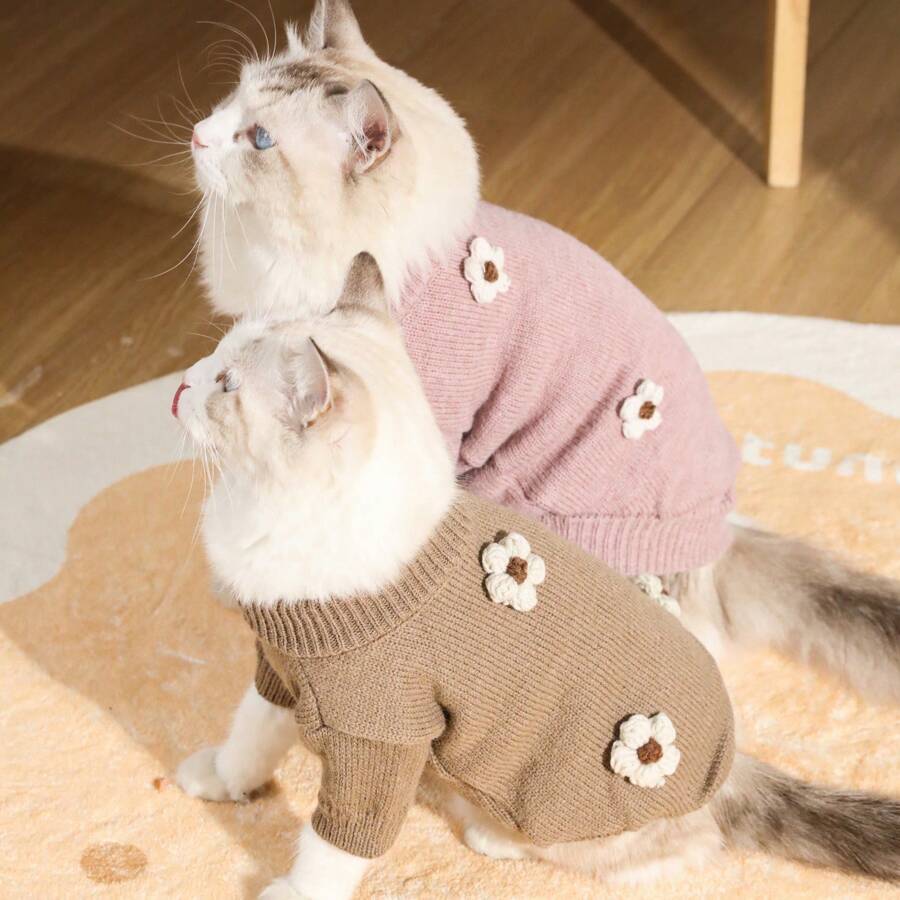 1 件纯色花卉宠物毛衣，适合泰迪贵宾犬等小型犬，猫狗保暖针织服装 - 彩色 - 查看 1