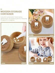1pc Wooden Tooth Storage Box, Children's Toy, Round Wooden Box For Collecting And Preserving Children's Teeth, Gift For Boys And Girls, Tooth Box - Multicolor - View 4