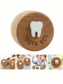 1pc Wooden Tooth Storage Box, Children's Toy, Round Wooden Box For Collecting And Preserving Children's Teeth, Gift For Boys And Girls, Tooth Box - Multicolor - View 5