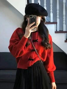 Top de manga larga con decoración de lazo, estilo lindo para principios de primavera y Año Nuevo. Se puede combinar con faldas y zapatos, adecuado para citas, parques de diversiones, vuelta al colegio y otras ocasiones en otoño, invierno y principios de primavera. (Solo se vende la Top/chaqueta) - Rojo - Ver 4