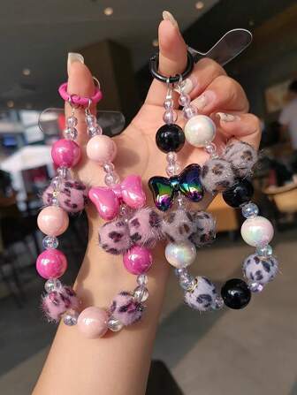 Multi-Function Lanyard Wrist Strap Keychain, Short Bow Leopard Plush Ball Charms, High-End For Women, Suitable For Outdoor Travel, Phone Case, Anti-Lost And Anti-Drop Chain Gifts For Mother, Family, Friends, Birthday, Holiday Phone Charm, Phone Chain