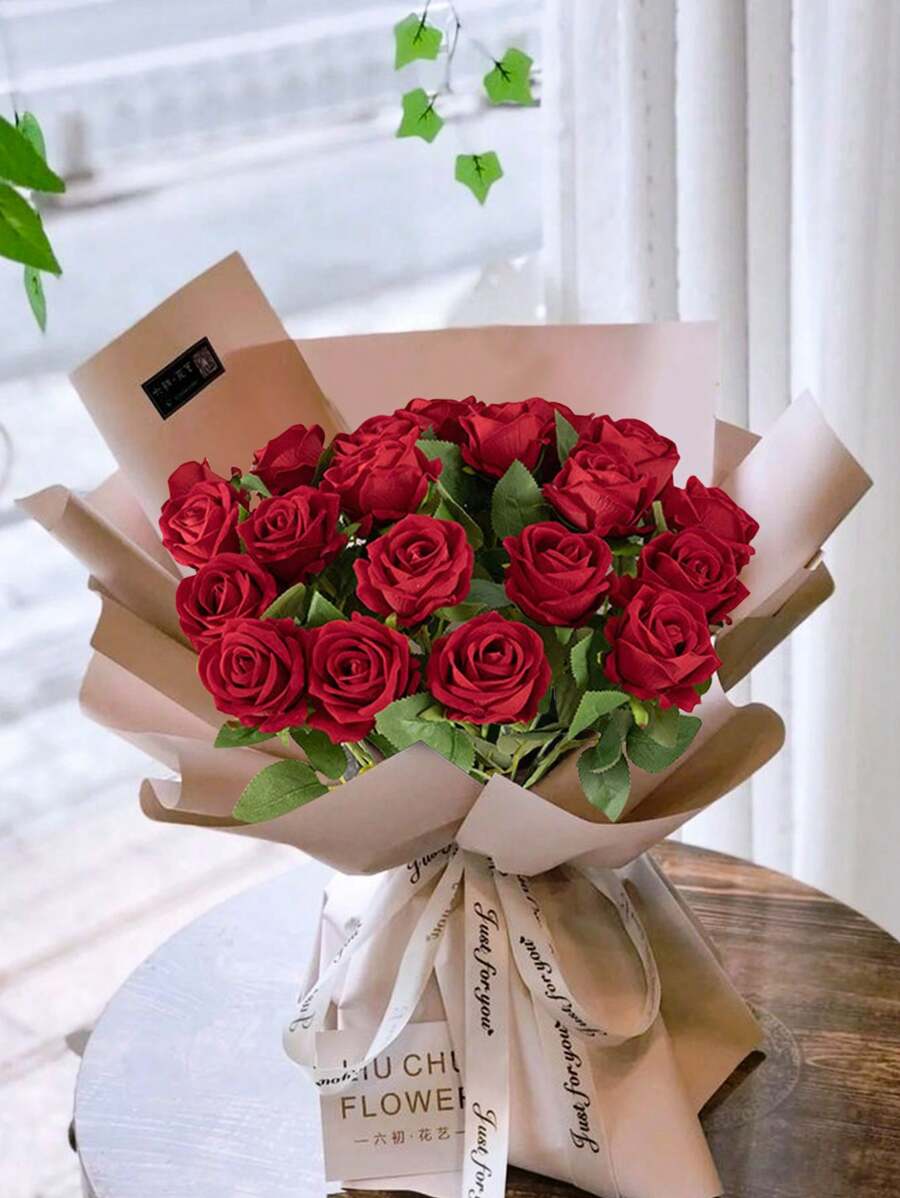5PCS Velvet Red Roses Artificial Flowers, Fake Roses Long Stem, Real Touch Faux Roses Bouquet Upgraded Artificial Red Roses For Home Wedding Party Office Hotel Centerpiece Arrangement - Red - View 1